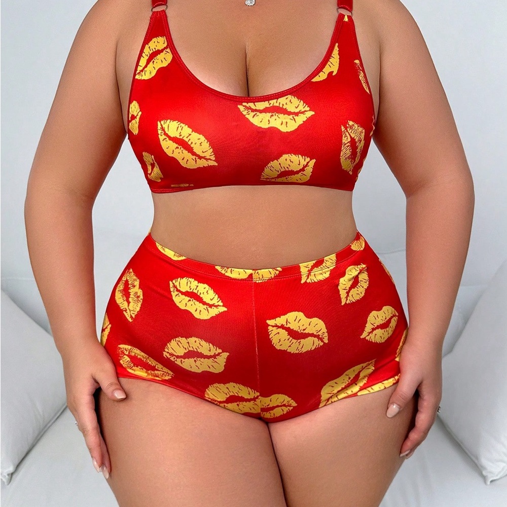 Red and Yellow Lip Print Bikini Set